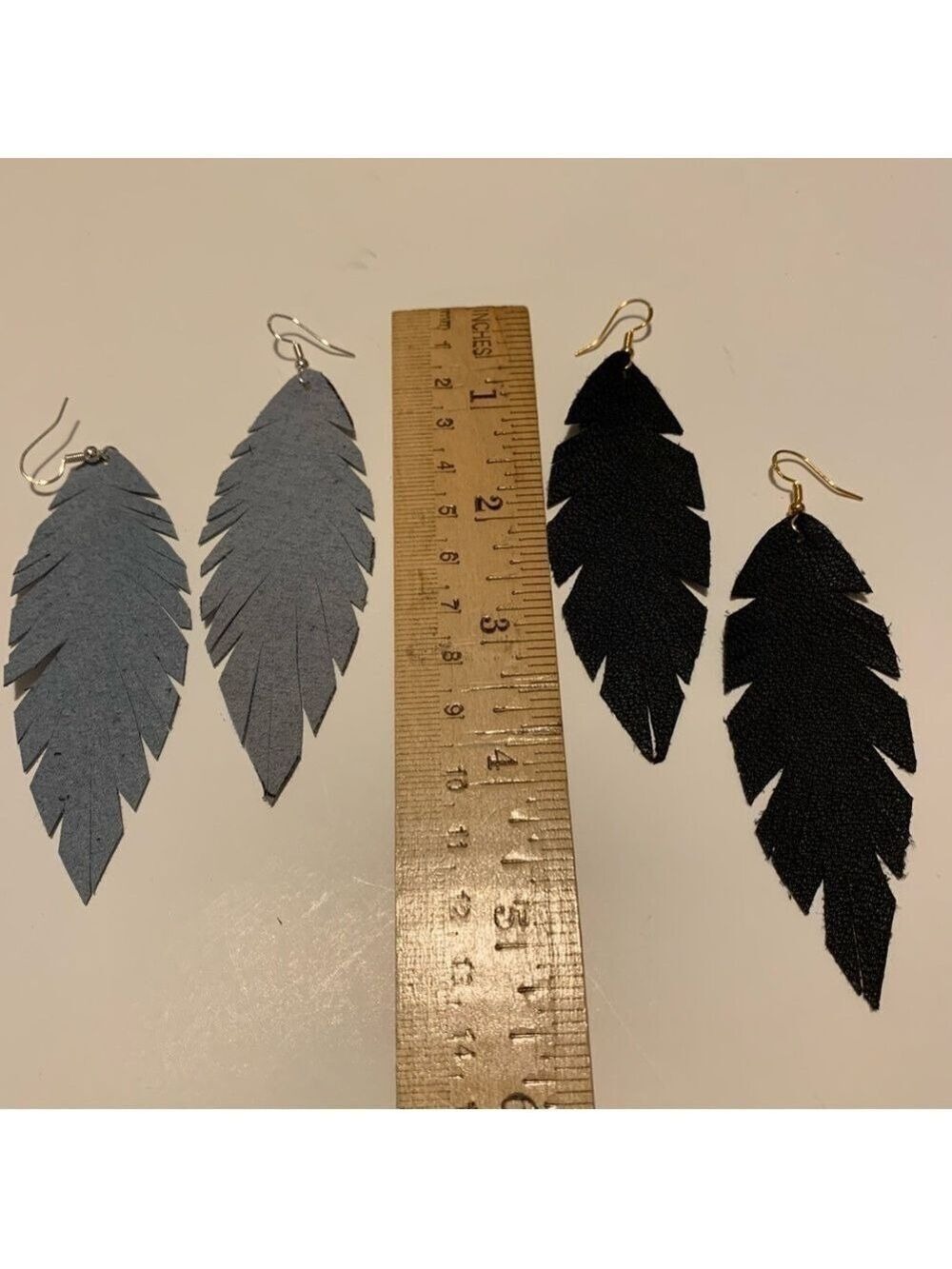 Handmade suede leather boho earrings fall winter bohemian artisan feather 2 pair - Picture 4 of 5